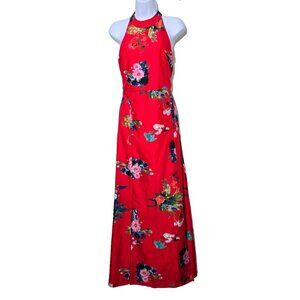 Molly Bracken Maxi Dress Sz M Red Floral Slit Halter Classic Open Back Vacation
